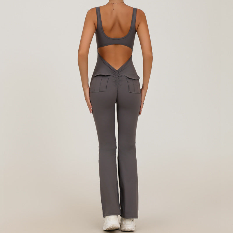 Yoga Bodysuit for Women, Seamless Fitness Jumpsuit with Pockets, High-Waisted Workout Pants