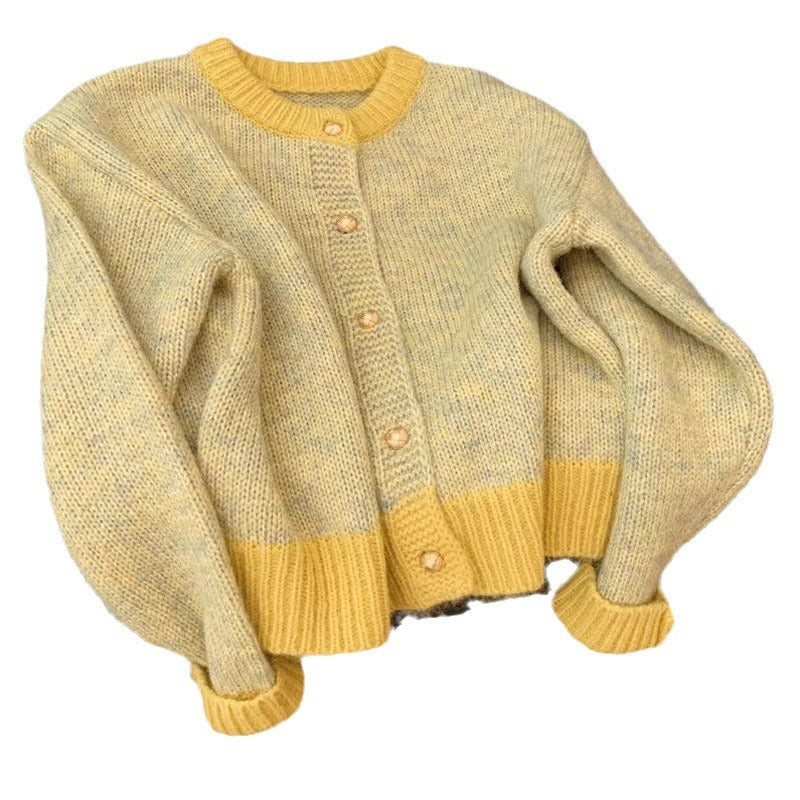Chic Yellow Short Knit Cardigan for Women, Thick Cozy Style, Loose Fit, Petite Size, Autumn and Spring Wear