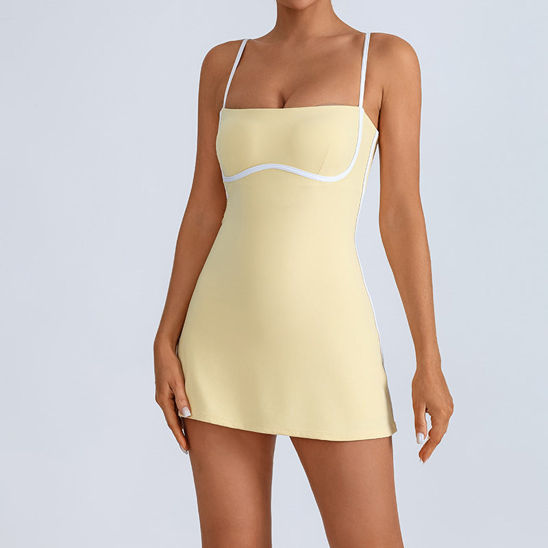 Fashion Color-blocked Sports Dress with Built-in Bra, High Elasticity, Breathable, Anti-slip Design for Yoga and Tennis