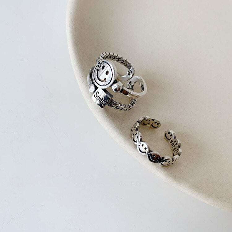 Vintage Smiling Face Finger Rings for Women Girl Punk Hip Hop Opening Adjustable Ring Weaving Rings