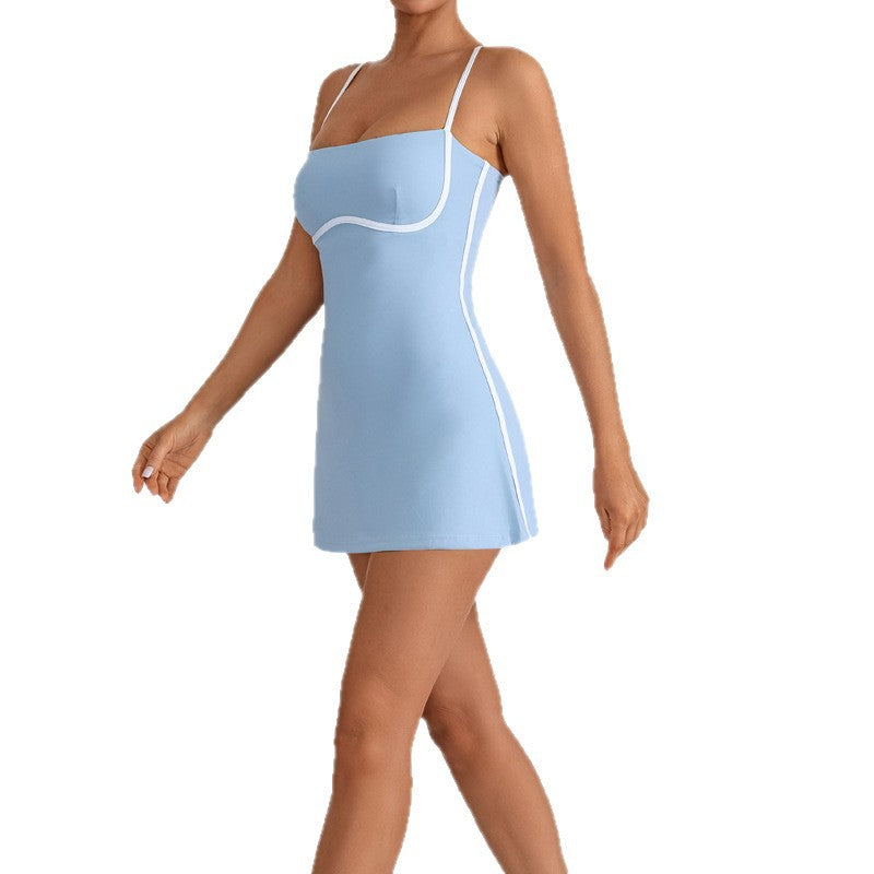 Fashion Color-blocked Sports Dress with Built-in Bra, High Elasticity, Breathable, Anti-slip Design for Yoga and Tennis