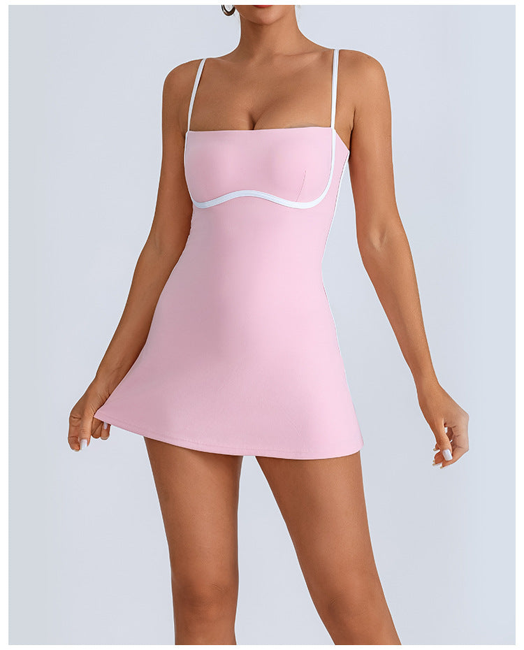 Fashion Color-blocked Sports Dress with Built-in Bra, High Elasticity, Breathable, Anti-slip Design for Yoga and Tennis