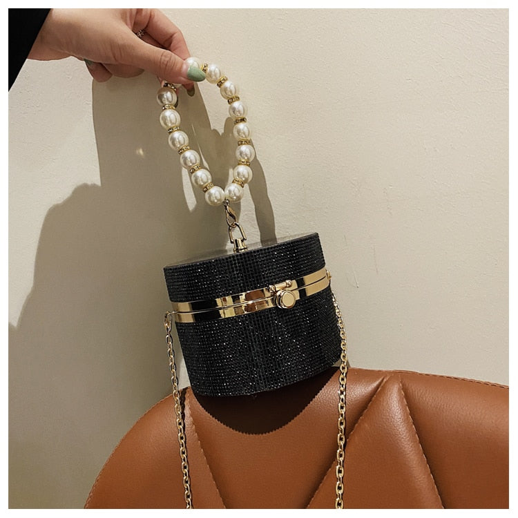 Diamond Acrylic Round Party Clutch Evening Bag for Women Pearl Handles Female Purses and Handbags Small Shoulder Crossbody Bag