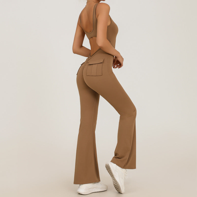 Yoga Bodysuit for Women, Seamless Fitness Jumpsuit with Pockets, High-Waisted Workout Pants