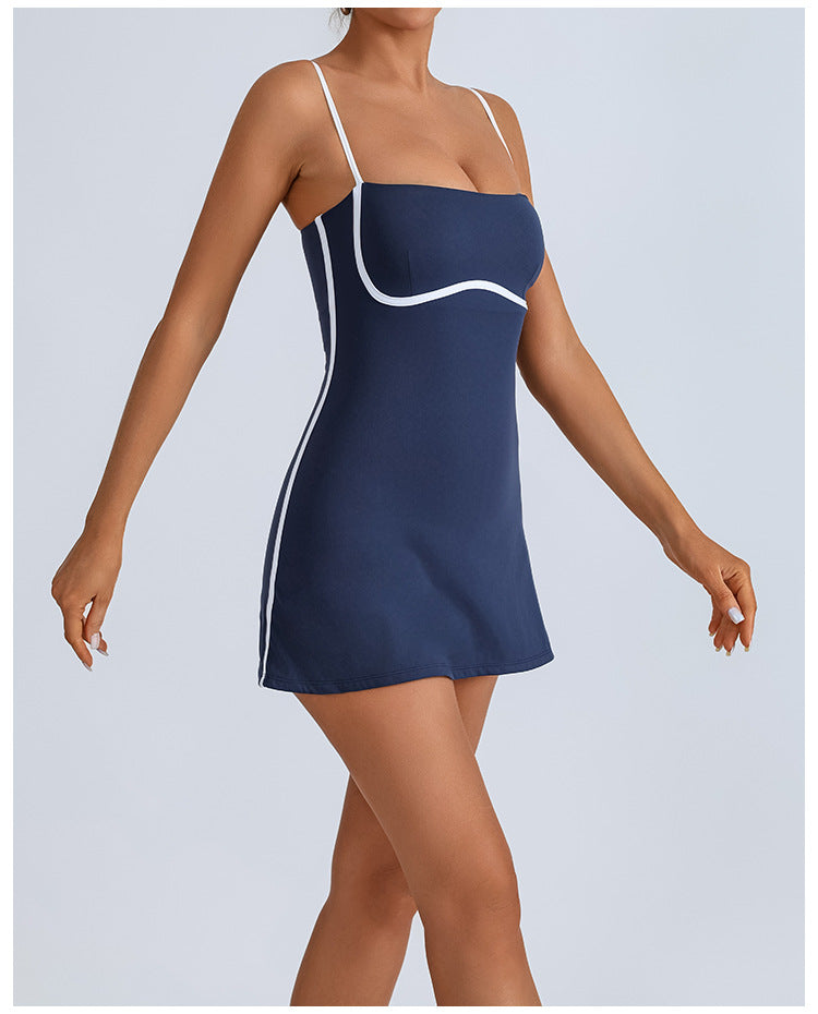 Fashion Color-blocked Sports Dress with Built-in Bra, High Elasticity, Breathable, Anti-slip Design for Yoga and Tennis