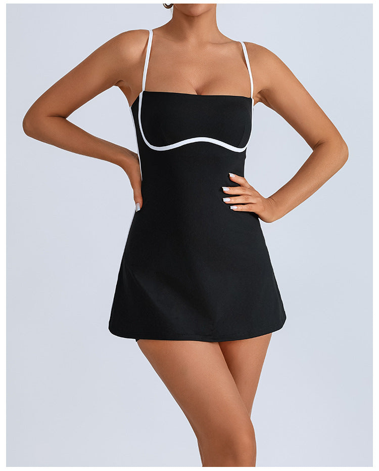 Fashion Color-blocked Sports Dress with Built-in Bra, High Elasticity, Breathable, Anti-slip Design for Yoga and Tennis