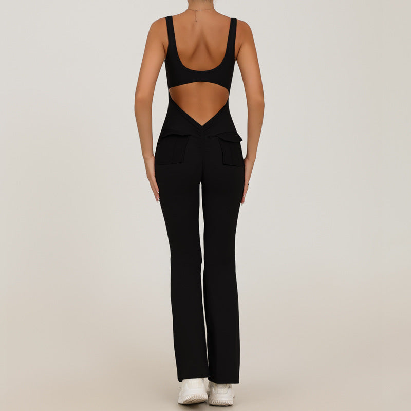 Yoga Bodysuit for Women, Seamless Fitness Jumpsuit with Pockets, High-Waisted Workout Pants