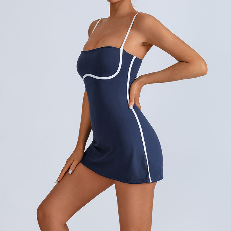 Fashion Color-blocked Sports Dress with Built-in Bra, High Elasticity, Breathable, Anti-slip Design for Yoga and Tennis