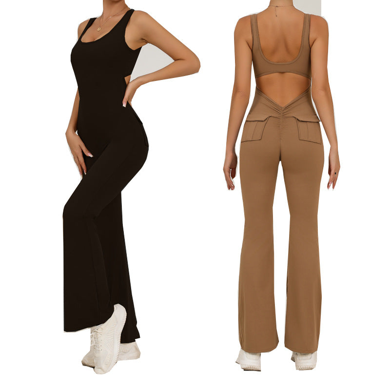 Yoga Bodysuit for Women, Seamless Fitness Jumpsuit with Pockets, High-Waisted Workout Pants