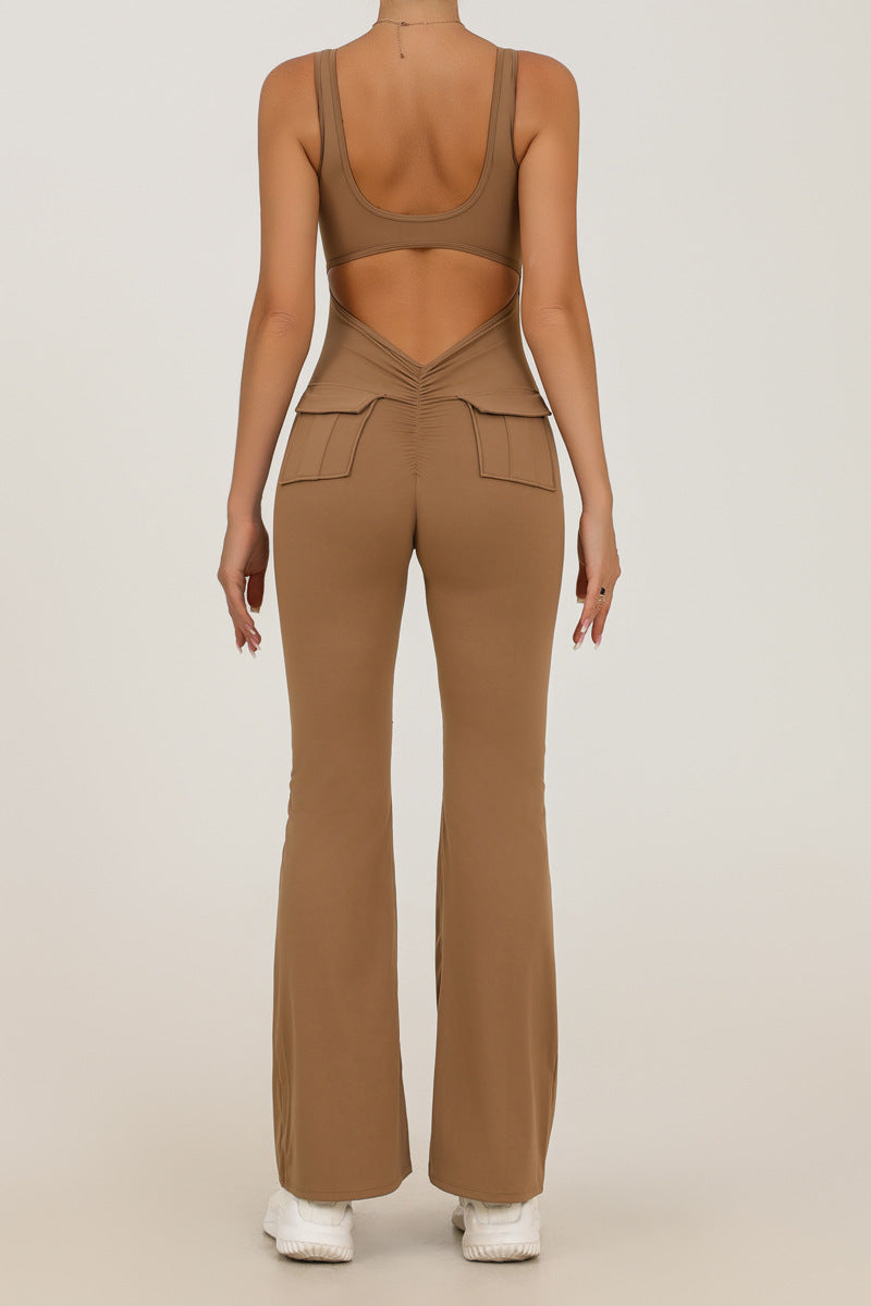 Yoga Bodysuit for Women, Seamless Fitness Jumpsuit with Pockets, High-Waisted Workout Pants