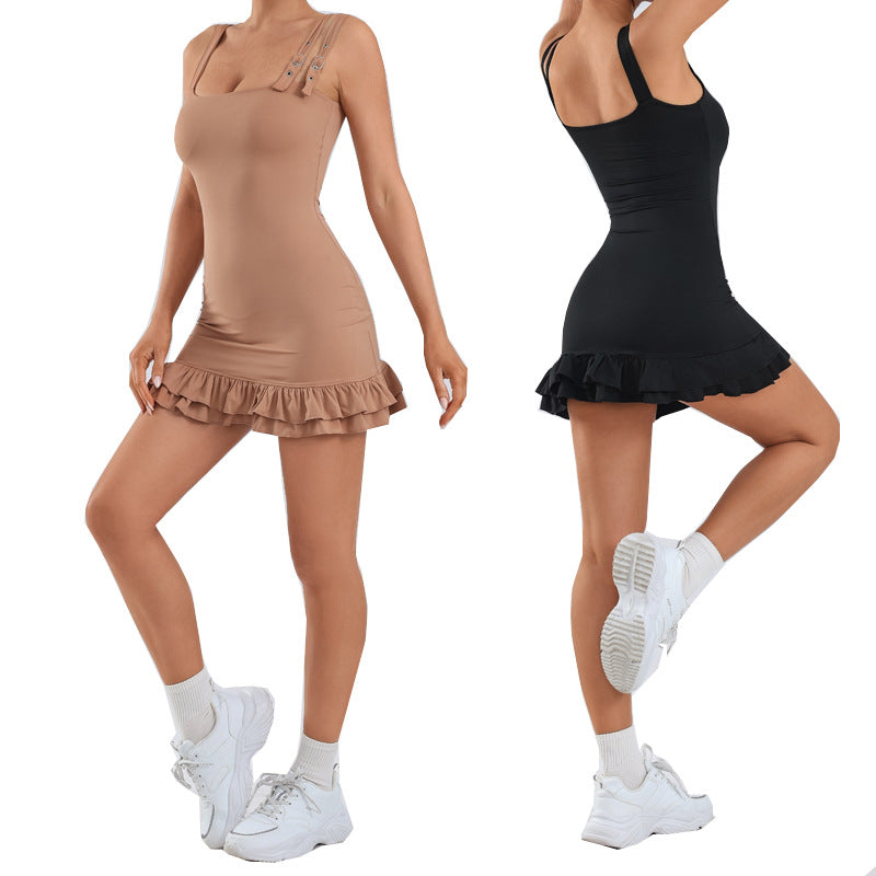 Active Sports Jumpsuit with Padded Bust, Ruffle Trim, High-Elastic Quick-Dry Skin-Fit Yoga Tennis Dress