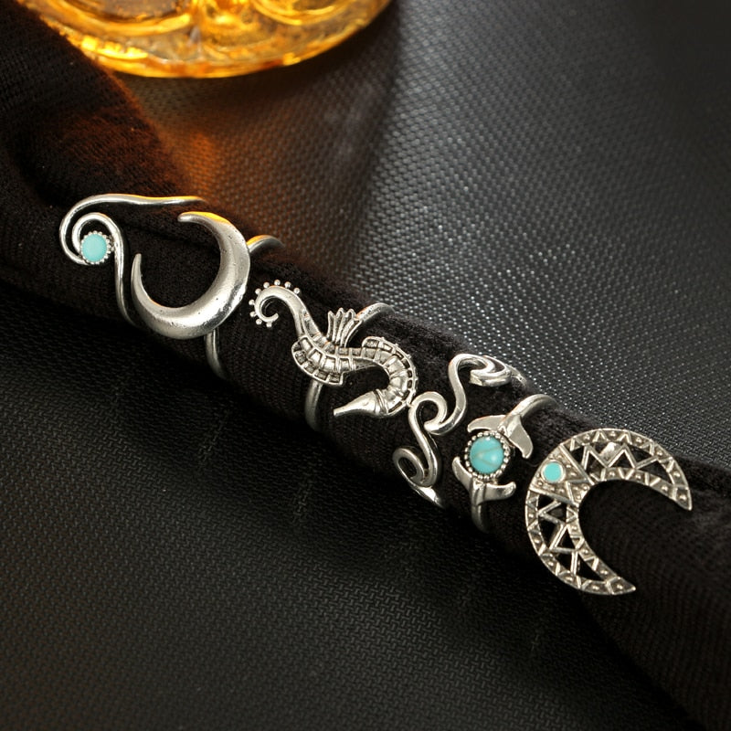 6pcs/Set Bohemia Silver Moon Hippocampi Wave Rings Set Rhinestone Knuckle Finger Midi Rings