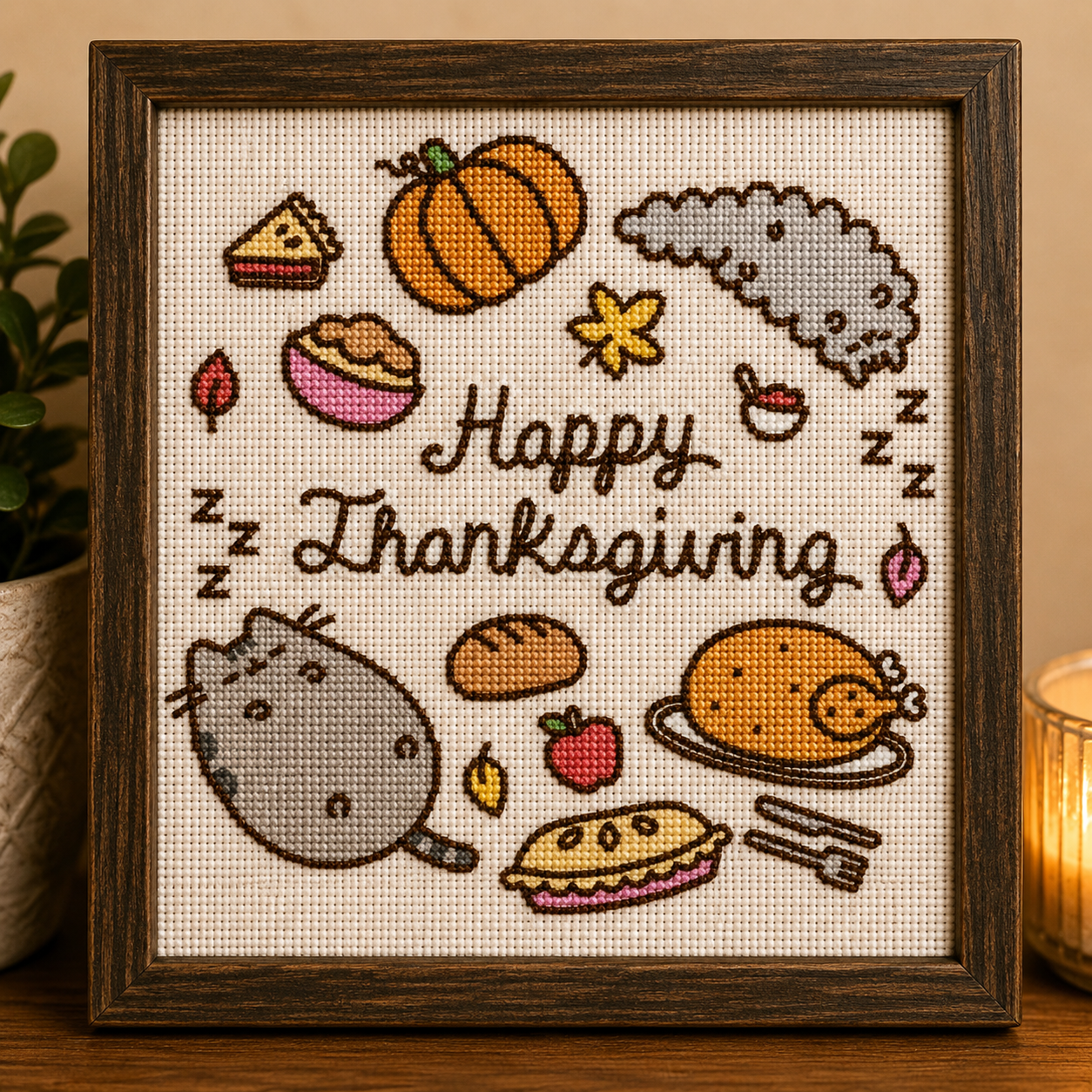 Cute pusheen Thanksgiving day cross stitch