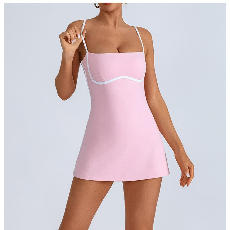 Fashion Color-blocked Sports Dress with Built-in Bra, High Elasticity, Breathable, Anti-slip Design for Yoga and Tennis