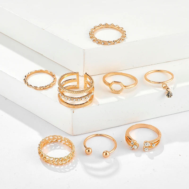 8pcs/sets Bohemian Geometric Rings Sets Clear Crystal Stone Gold Chain Opening Rings