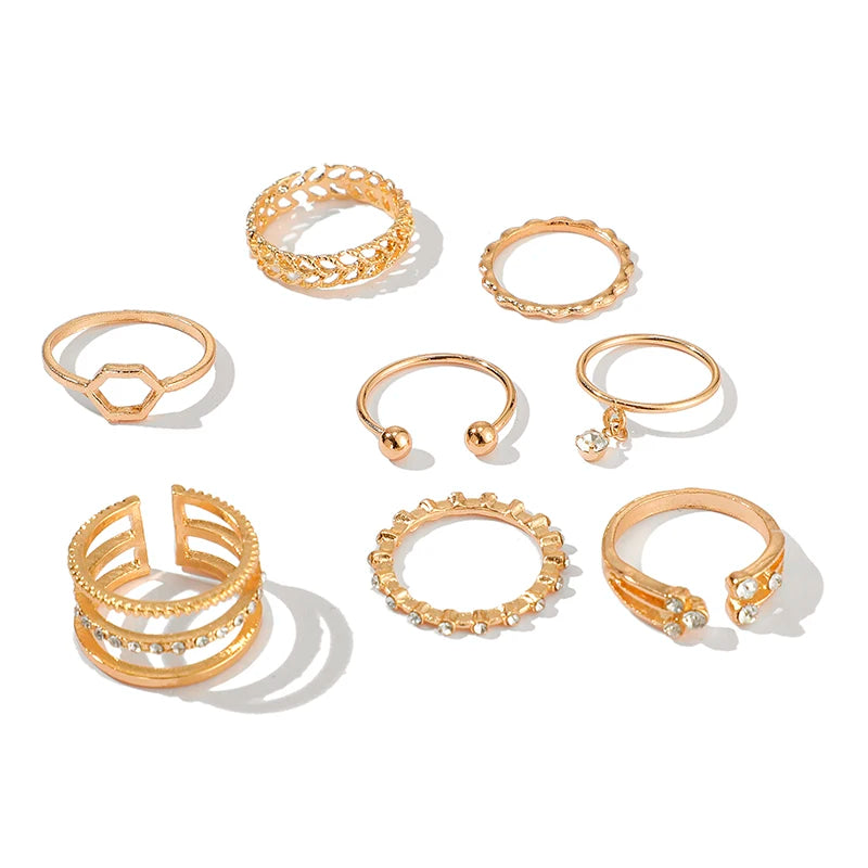 8pcs/sets Bohemian Geometric Rings Sets Clear Crystal Stone Gold Chain Opening Rings
