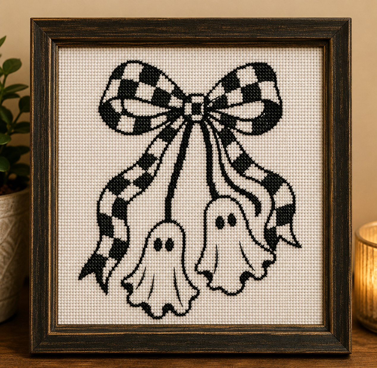 Ghost black and white bow cross stitch pattern